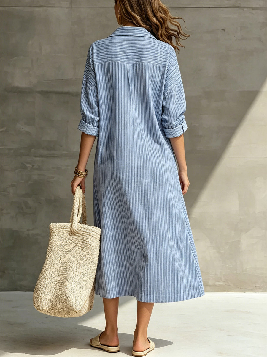Women's Striped Elegant Art Zip Casual Cotton Linen Dress