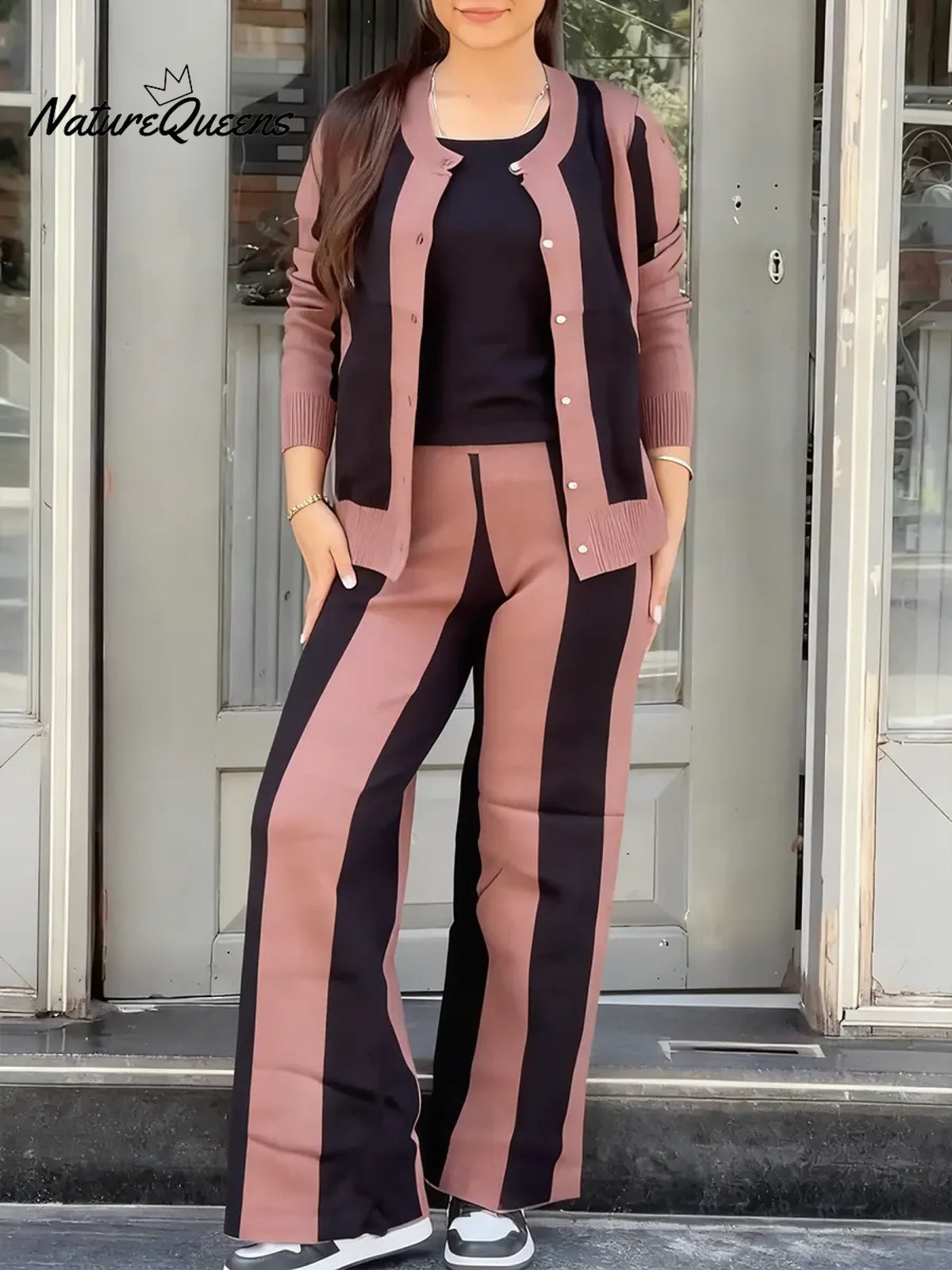 Women's Comfortable Knit Striped Cardigan And Pants Two-piece Set