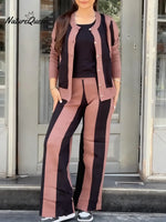 Women's Comfortable Knit Striped Cardigan And Pants Two-piece Set