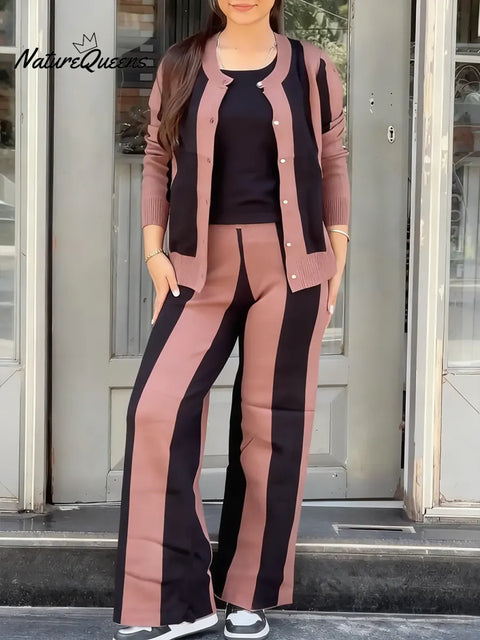 Women's Comfortable Knit Striped Cardigan And Pants Two-piece Set