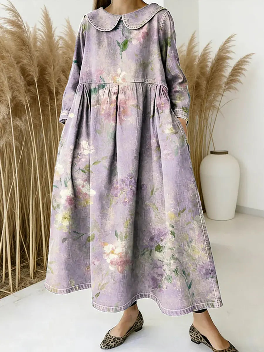 Women Floral Pattern Art Print Casual Denim Dress