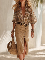 Leopard Print Sheer Puff Sleeve Shirt & Beige Linen Midi Skirt Set