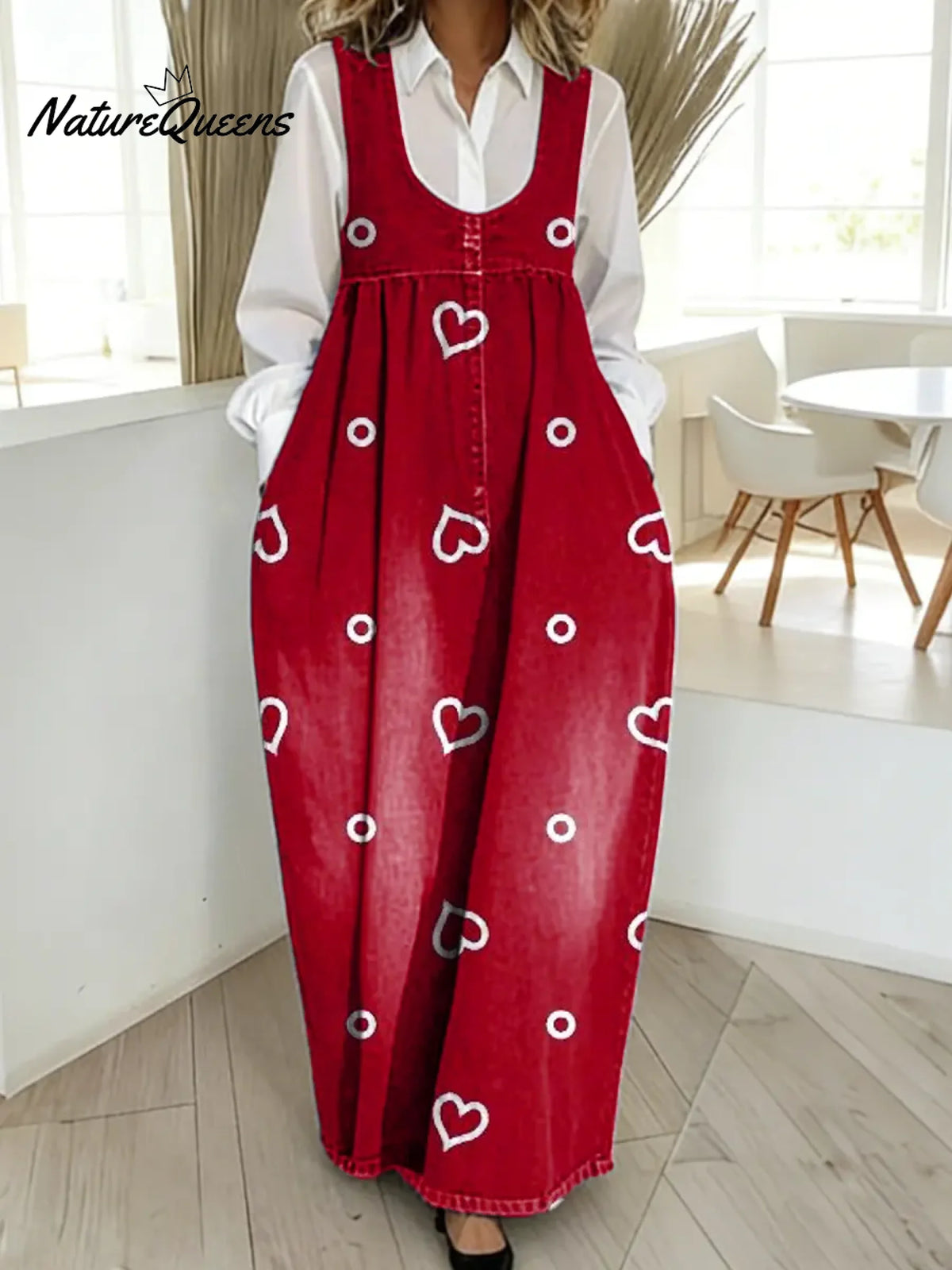 Women's Valentine's Day Heart Pattern Art Print Casual Cotton Denim Dress
