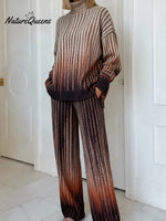 Women's Vintage Gradient GeometryArt Print Casual Knitted Cotton Top Pants Suit