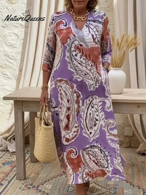 Retro V-neck Paisley Print Linen Midi Dress