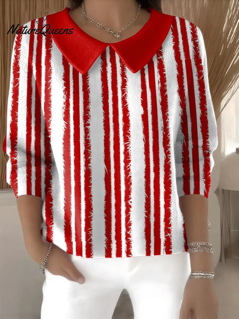 Women's Red Striped Christmas Casual Peter Pan Collar 3/4 Sleeve Sweater