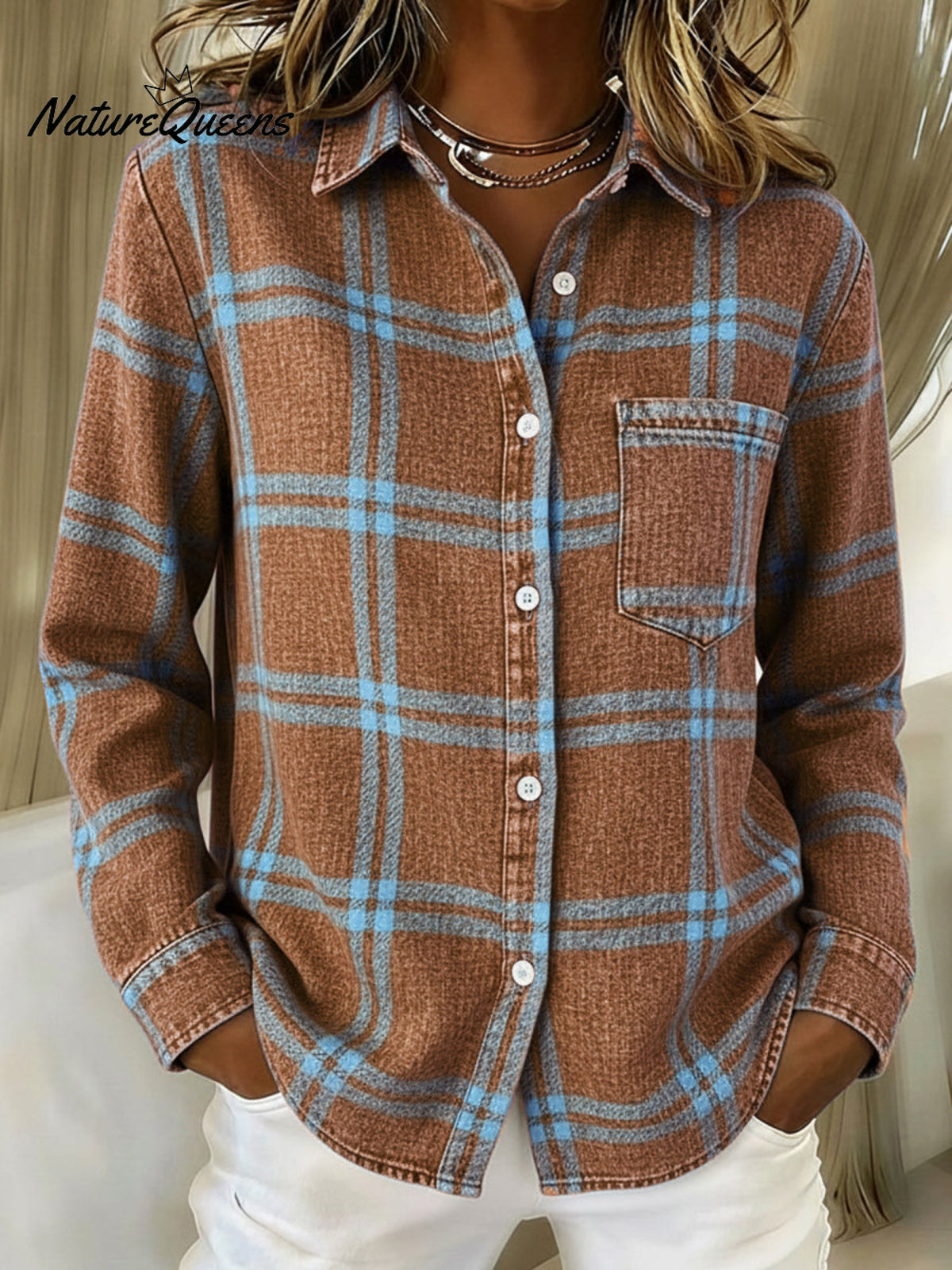 Casual And Cozy Checkered Print Denim Button-up Shirt