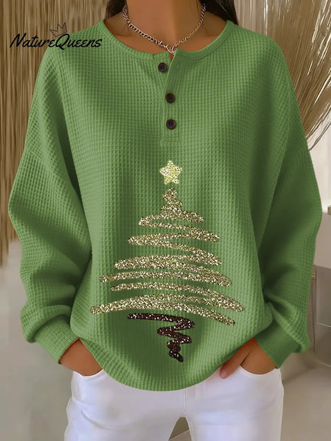 Women's Christmas Tree Pattern Art Print Casual Waffle Sweatshirt