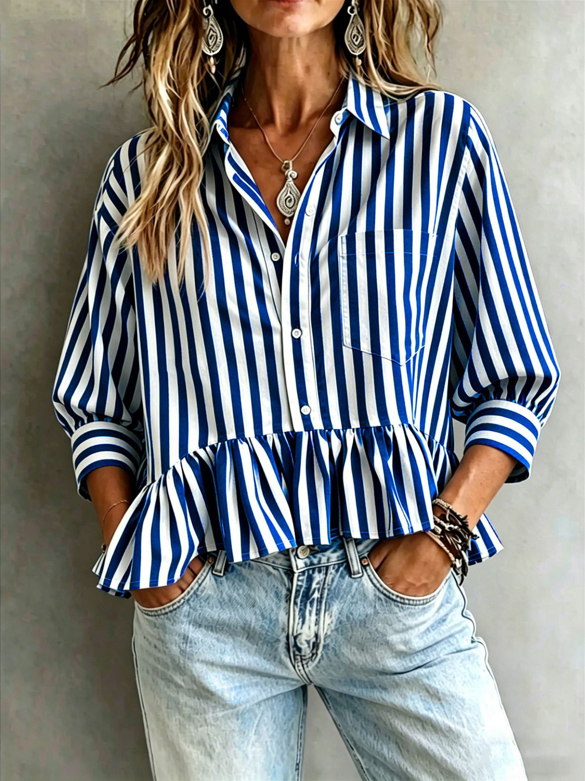 Women's Striped Ruffled Cropped 3/4-sleeve Shirt