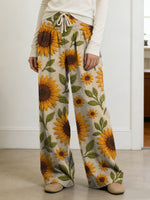 Country-style Sunflower Decorative Pattern Women's Casual Side Pockets Pants