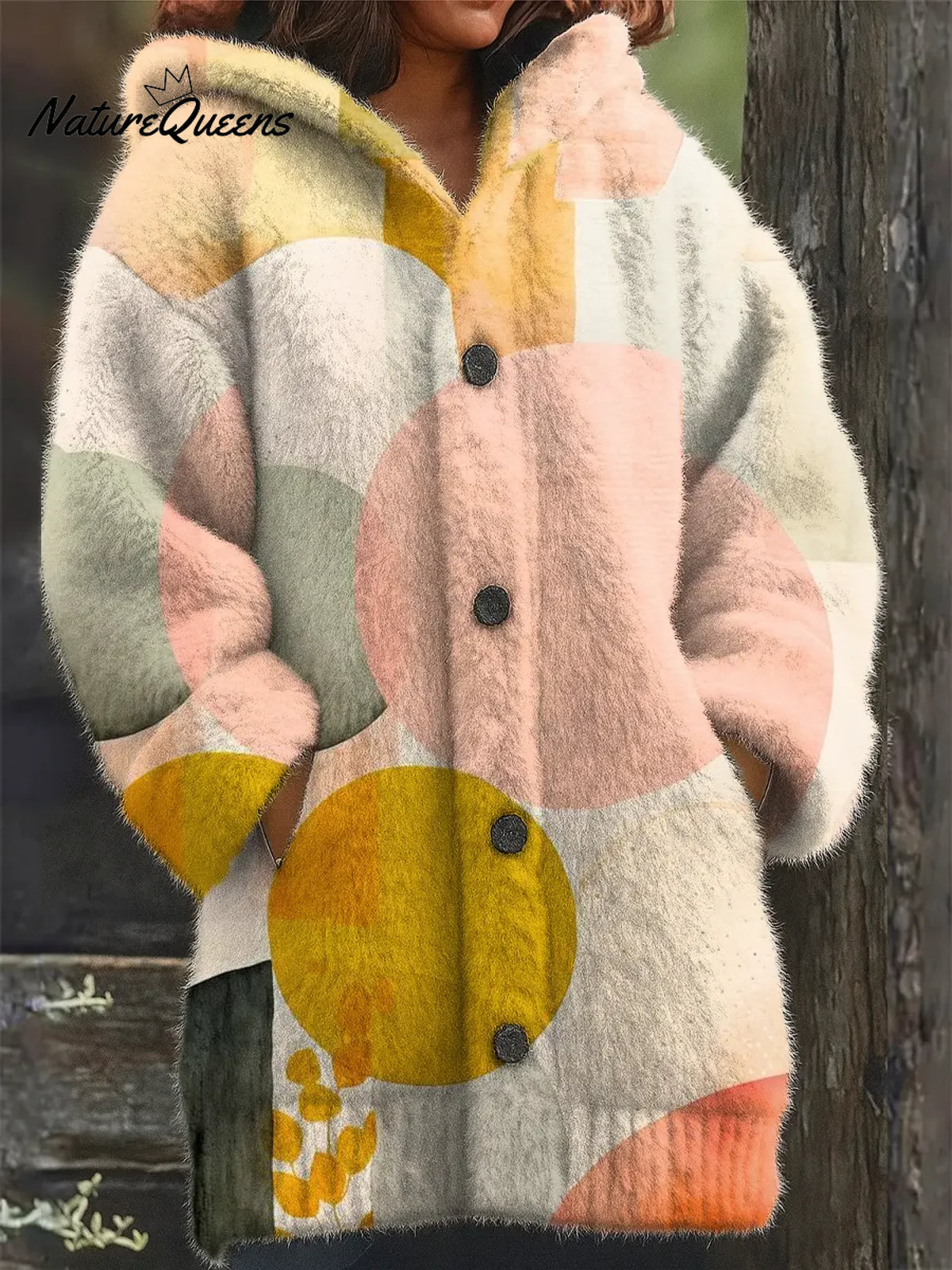 Women's Vintage Abstract Geometry Art Print Casual Fleece Coat