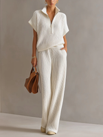 Casual Zippered Stand-collar Top And Straight-leg Pants Knitted Set