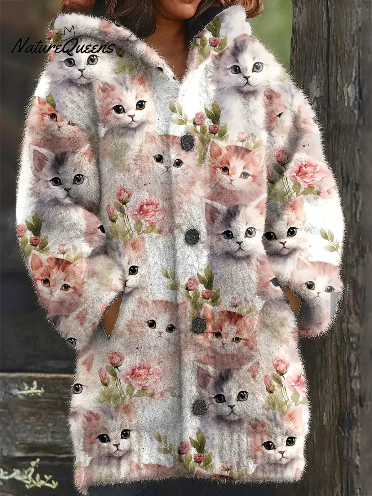 Women's Funny Cats Pattern Art Print Casual Fleece Coat