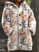 Women's Funny Cats Pattern Art Print Casual Fleece Coat
