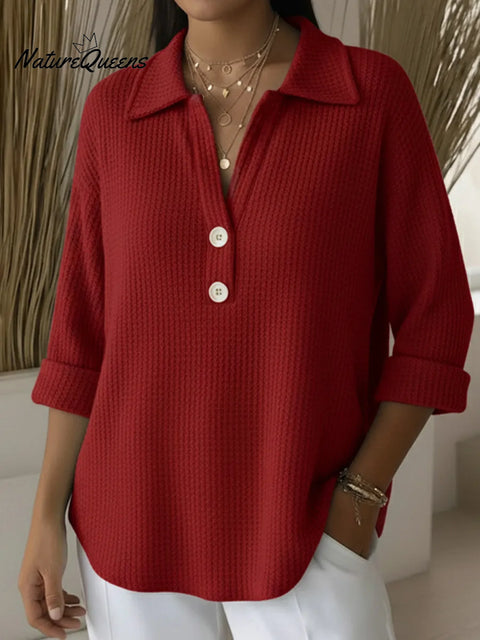 Classic Polo V-neck Button-down Waffle Sweater Top