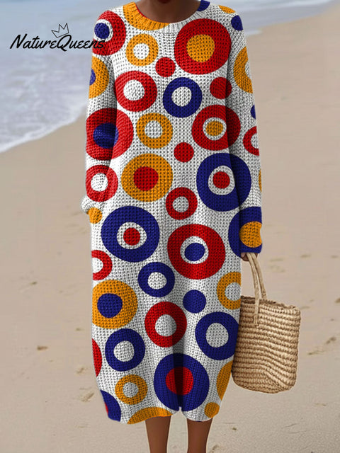 Women's Color Block Abstract Pattern Casual Round Collar Long Sleeve Dress