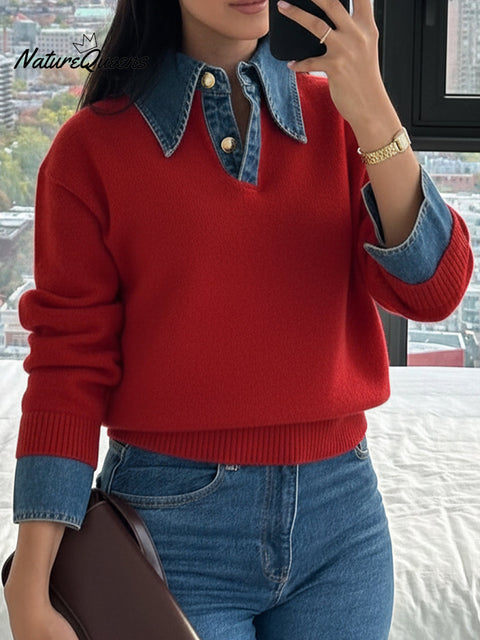 Women's Denim Knitted Pullover Sweater