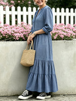 Women's Plaid Pattern Art Casual Long Sleeve Cotton Linen Dress