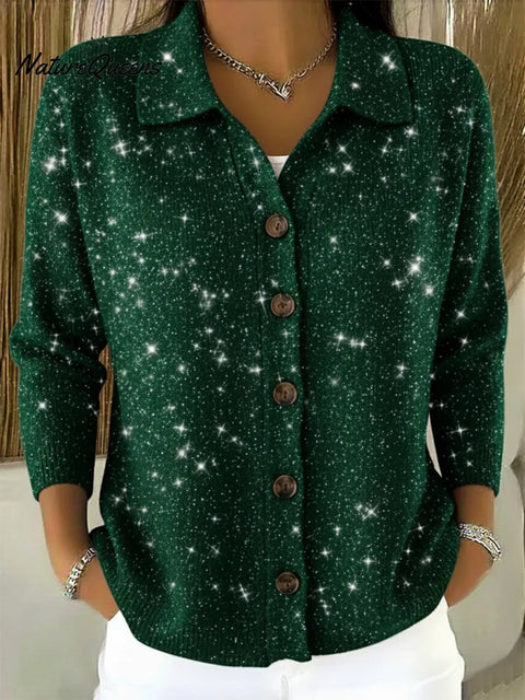 Casual Christmas Party Shirt Collar Button Shiny Cardigan Sweater