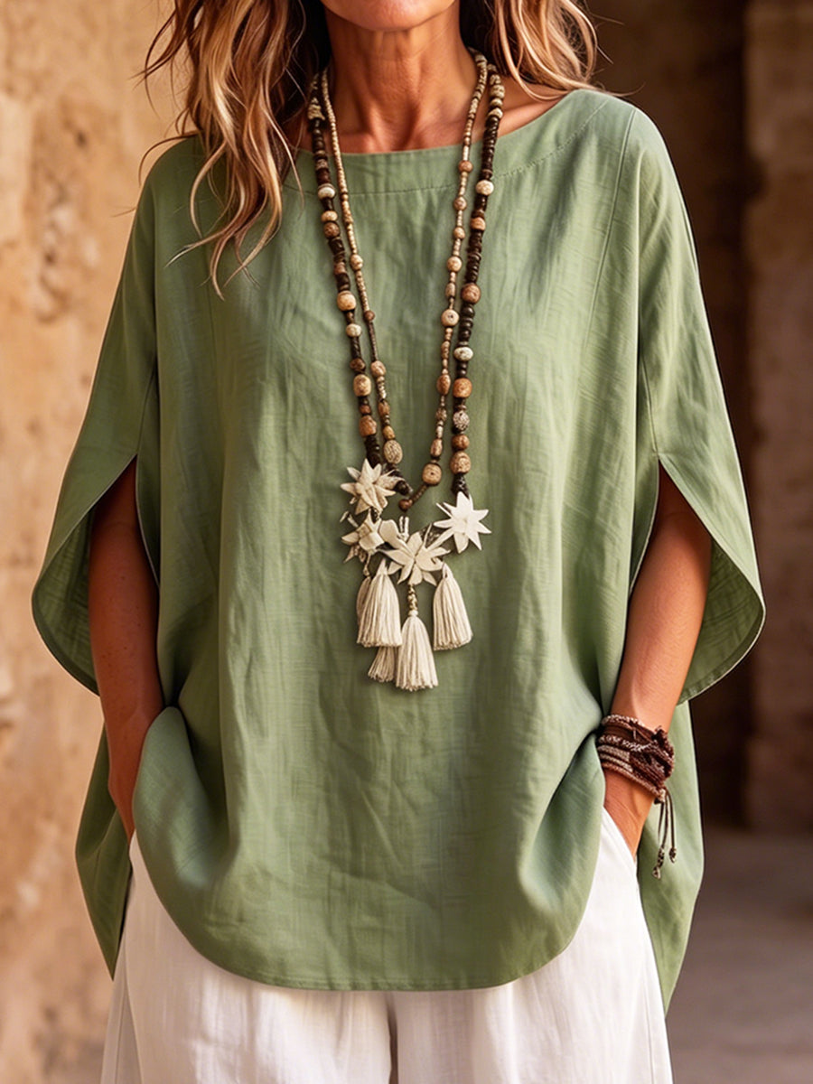 Relaxed Flattering Cotton-linen Batwing-sleeve Top