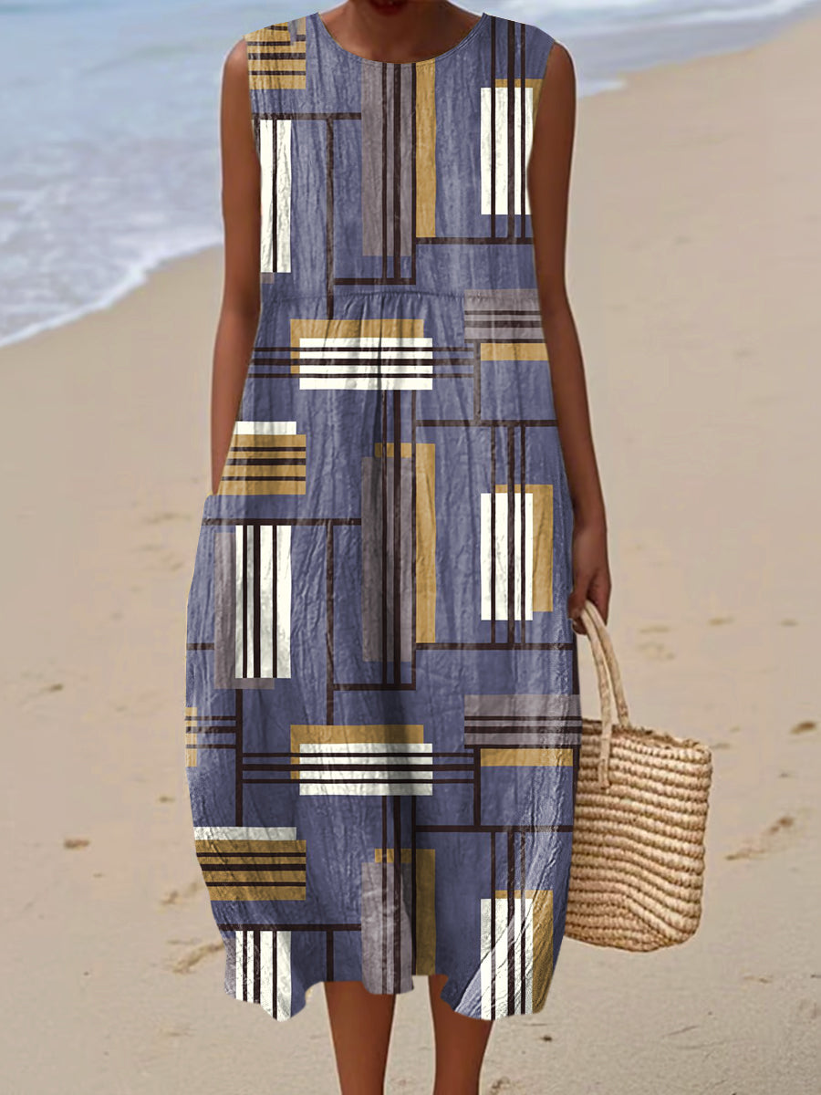 Women's Vintage Geometry Art Print Sleeveless Cotton Pocket Wrap Dress