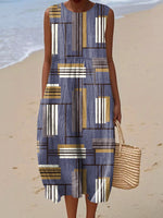 Women's Vintage Geometry Art Print Sleeveless Cotton Pocket Wrap Dress