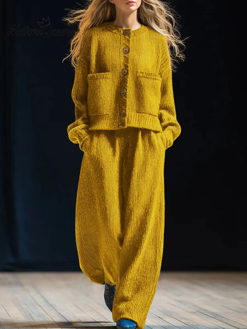 Women's Solid Color Round Neck Long Sleeve Casual Loose Knit Cardigan Elastic Waist Casual Loose Wide Leg Pants Set