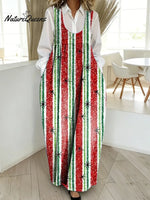 Women's Vintage Stripe Pattern Art Print Casual Cotton Denim Dress