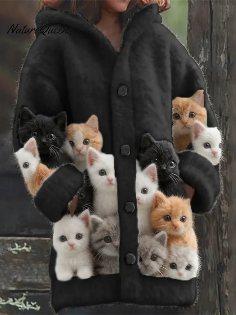 Women's Funny Cats Pattern Art Print Casual Fleece Coat