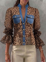 Women's Leopard Print V-neck Long-sleeve Casual Loose Denim Cardigan With Chiffon Panels