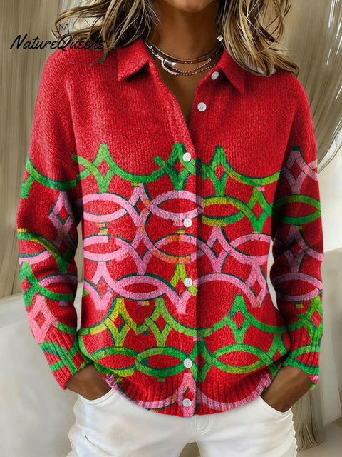 Women's Geometric Abstract Christmas Colors Pattern Art Print Cowl Neck Sweater