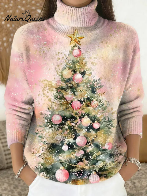 Women's Christmas Tree Art Print Casual Turtleneck Sweater