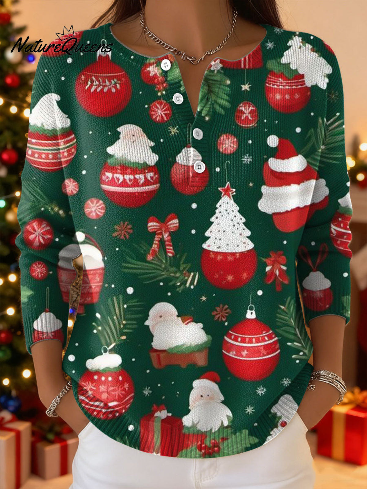 Women's Christmas Trees Red Pattern Art Print Buttoned Cardigan Sweater