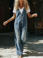 Casual V-neck Button-up Denim Jumpsuit Overalls