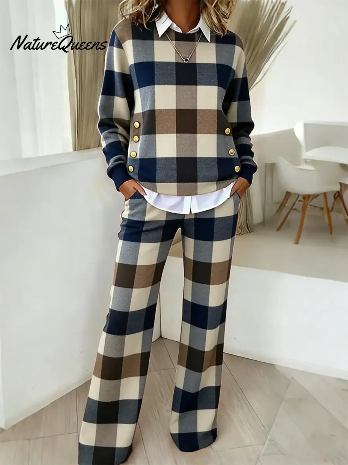 Women's Plaid Pattern Art Print Casual Cotton Knitted Suits