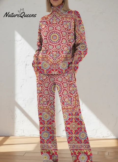 Women's Retro Flowers  Art Print Casual Knit Set