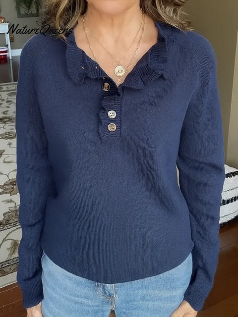 Women's Solid Color V-Neck Long Sleeve Casual Loose Knit Top