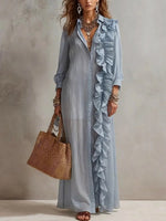 Women's Solid-Color Collared Long-Sleeve Casual Loose Cotton-Linen Dress with Ruffles