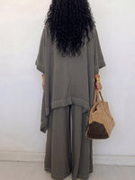 Women's Loose Button-Down Shirt & Wide-Leg Pants Two-Piece Set — Relaxed Casual Outfit with Metal Eyelet Details