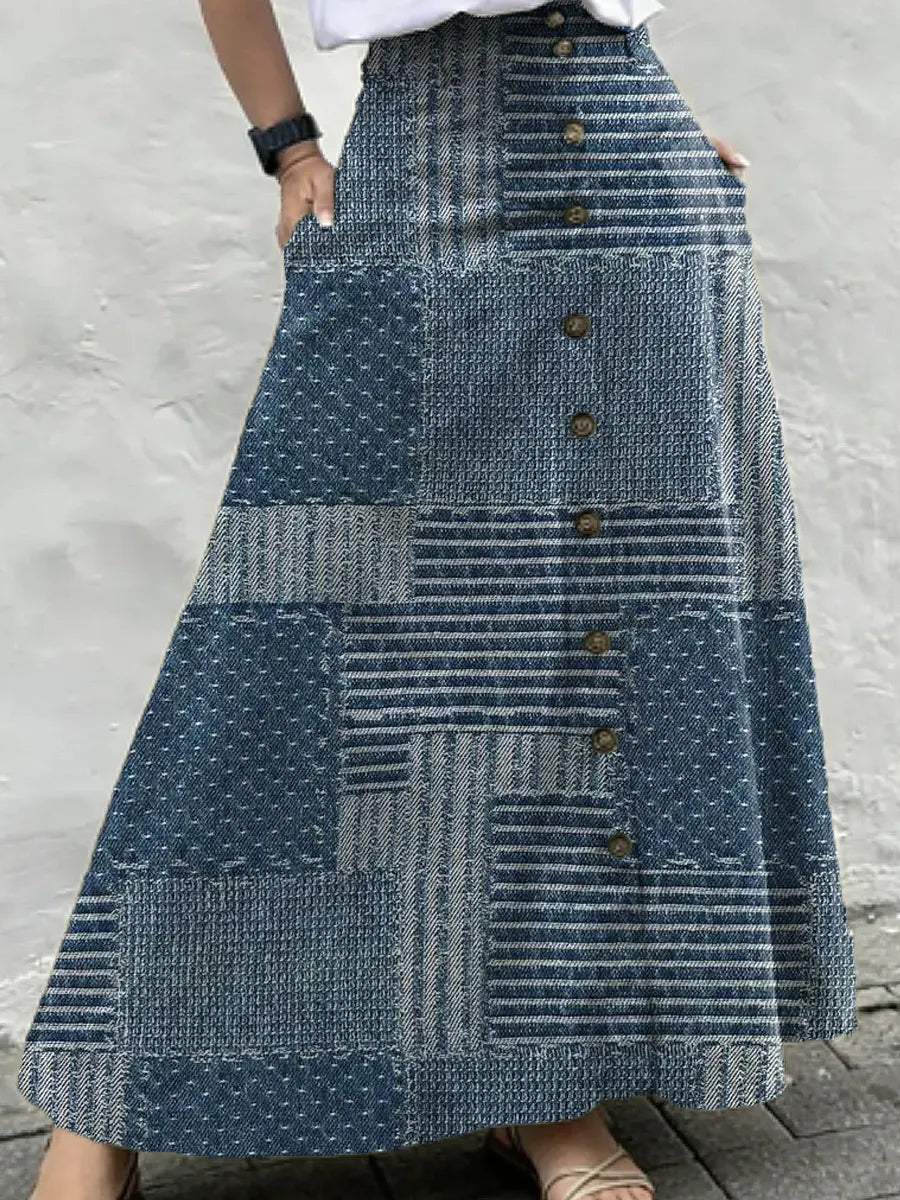 Women's Vintage Pattern Art Print Casual Cotton Denim Skirt