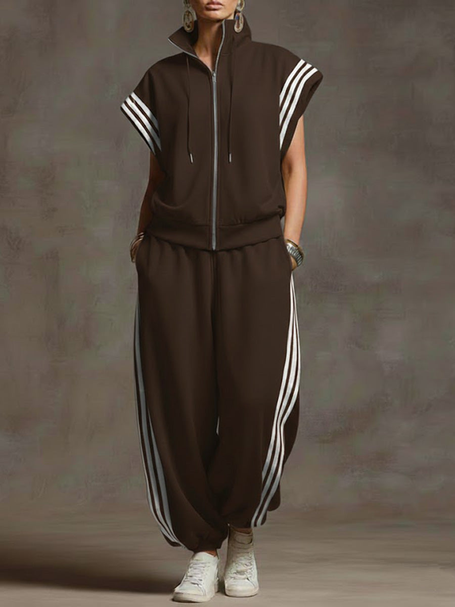 Women's Solid Color Stand-collar Short-sleeved Casual Loose Cotton Top And High-waisted Wide-leg Cotton Pants Set.