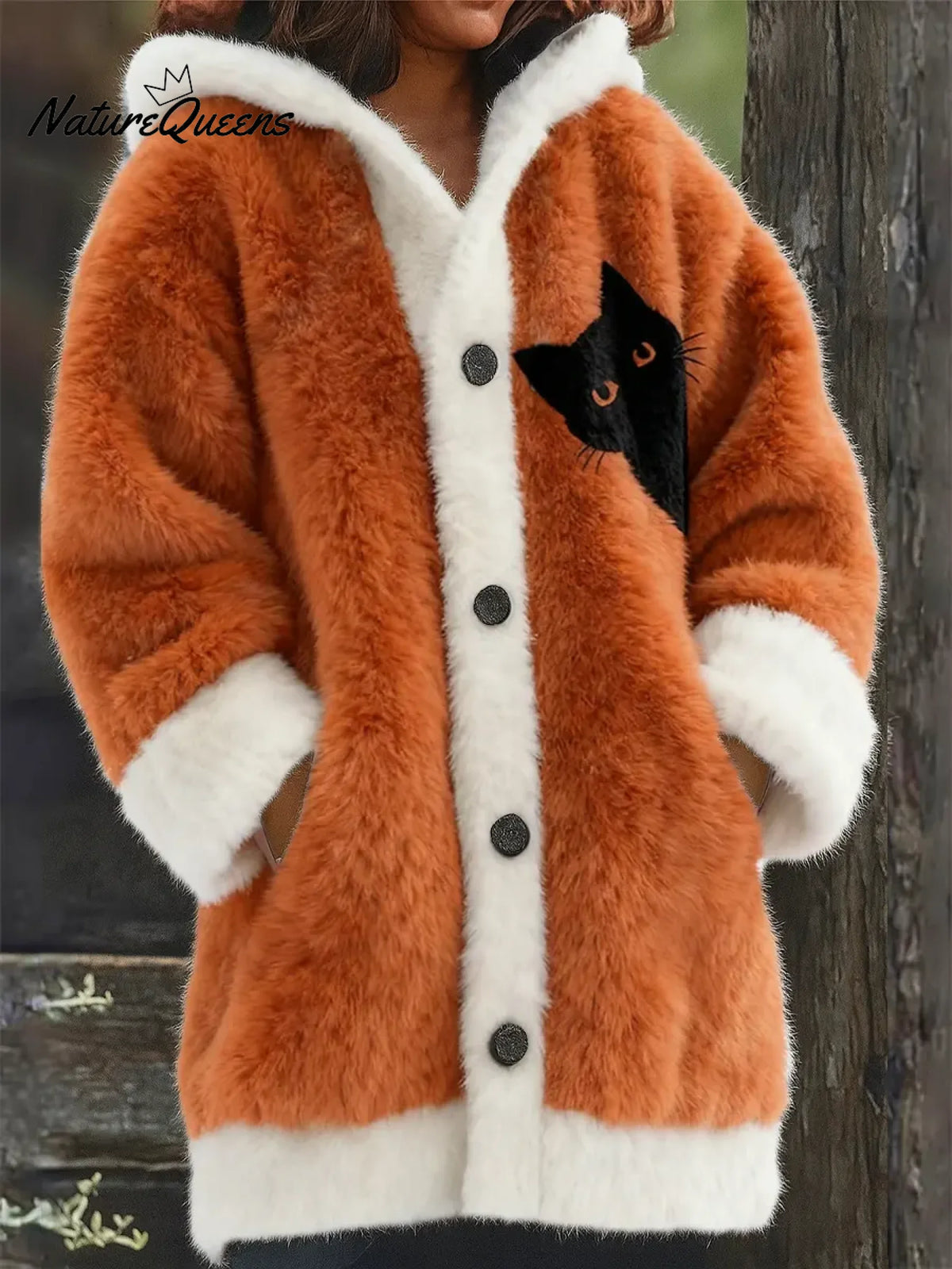 Women's Funny Cat Pattern Art Print Casual Fleece Coat