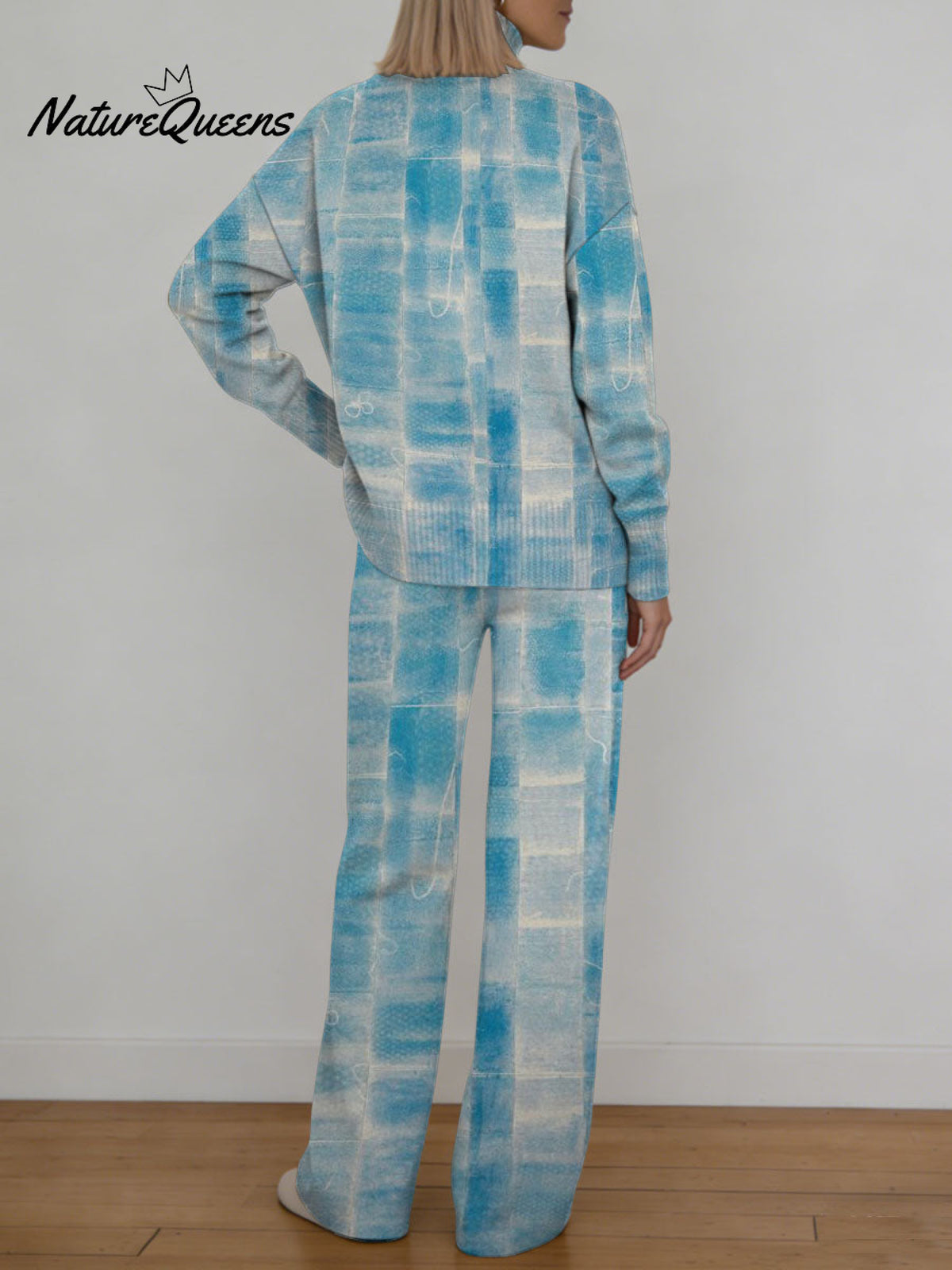 Gradient Checkered Decorative Pattern Casual Stand Collar Long Sleeve Top And Elastic Waistband Pants