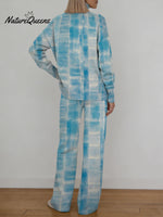 Gradient Checkered Decorative Pattern Casual Stand Collar Long Sleeve Top And Elastic Waistband Pants