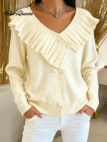 Women's Solid Color V-neck Long Sleeve Casual Loose Ruffled Knit Cardigan