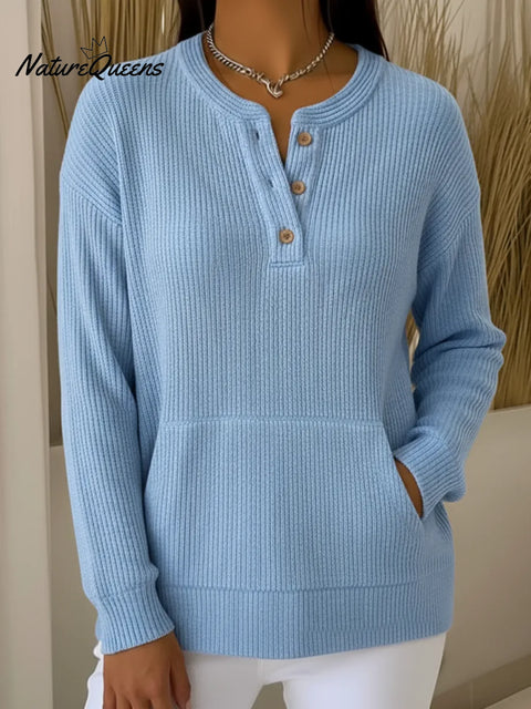 Casual Henley Collar Button Pocket Knit Pullover
