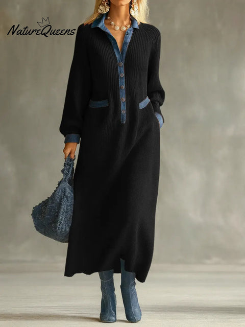 Women's Shirt Collar Long Sleeve Denim Stitching Casual Loose Knit Dress