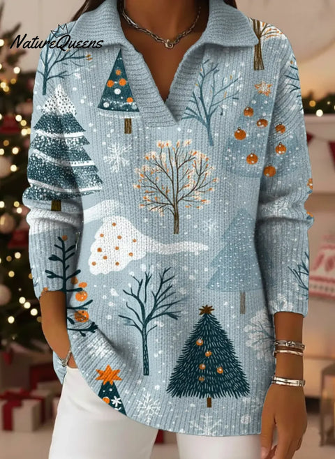 Women's Christmas Tree Pattern Art Print Casual Cotton Sweater