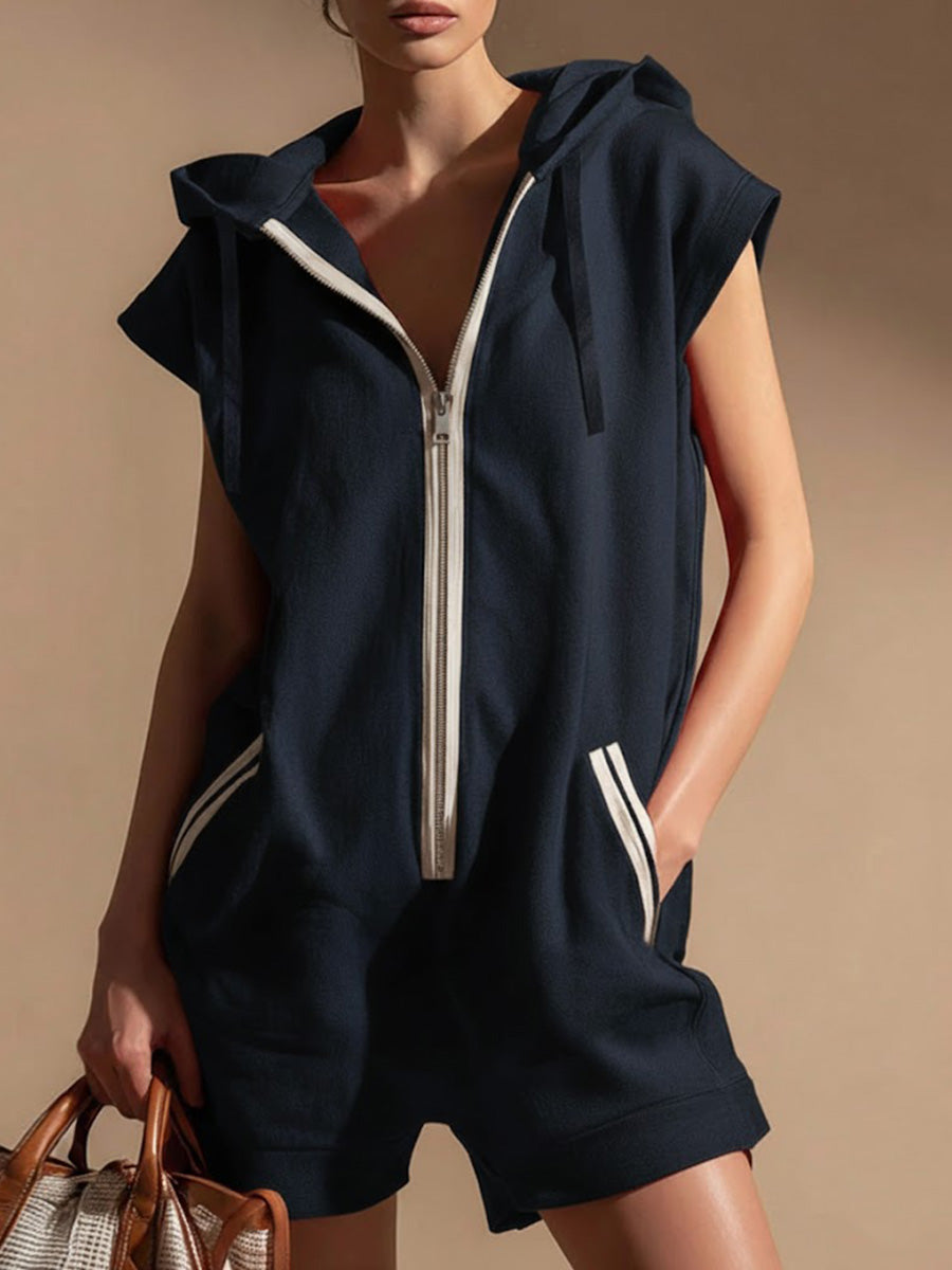 Women's V-neck Sleeveless Casual Loose Hooded Jumpsuit Shorts