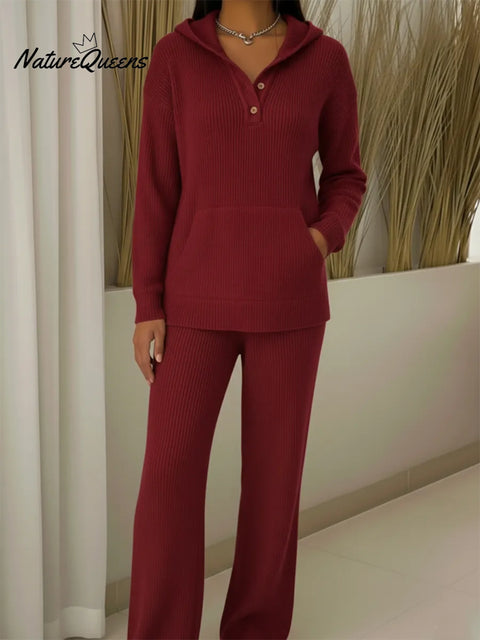 Casual Travel Button Hooded Top and Pants Two-Piece Set